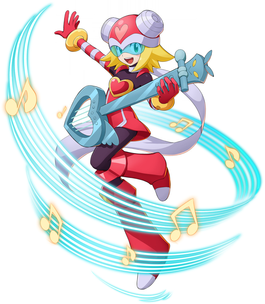 1girl :d black_bodysuit blonde_hair bodysuit cape dress green_eyes guitar harp_note_(mega_man) heart helmet highres holding holding_instrument instrument light_blush mega_man_(series) mega_man_x_(series) mega_man_x_dive mizuno_keisuke musical_note pink_dress short_hair smile solo teeth upper_teeth_only white_cape