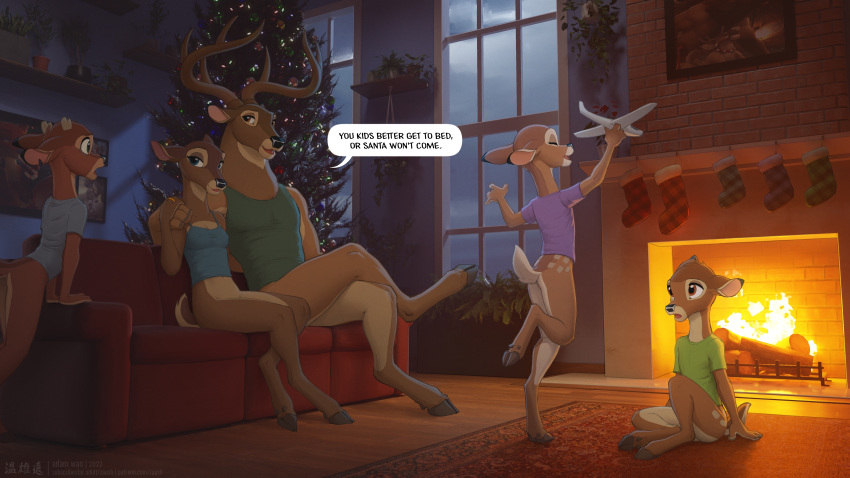 2022 absurd_res anthro antlers bambi bambi's_mother bambi_(film) bottomless christmas christmas_tree clothed clothing deer detailed_background dialogue digital_drawing_(artwork) digital_media_(artwork) disney english_text faline female fireplace hi_res holidays horn legwear male mammal night plant ronno speech_bubble stockings text the_great_prince_of_the_forest toy toy_plane tree watermark young zaush