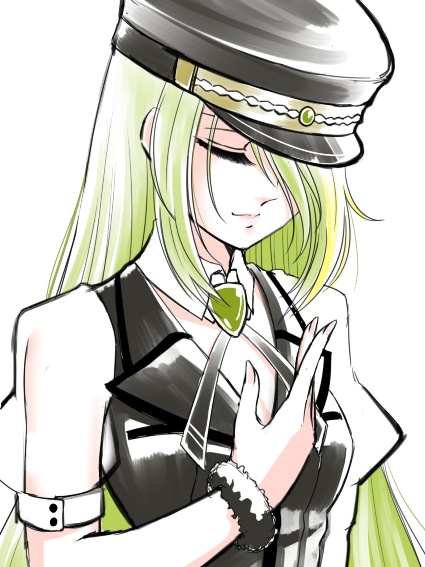 1girl alina_gray black_headwear black_vest blonde_hair brooch closed_eyes closed_mouth fur_cuffs green_hair hair_over_one_eye hand_on_own_chest hat highres jewelry long_hair magia_record:_mahou_shoujo_madoka_magica_gaiden magical_girl mahou_shoujo_madoka_magica peaked_cap puffy_short_sleeves puffy_sleeves satom short_sleeves simple_background smile solo upper_body vest white_background