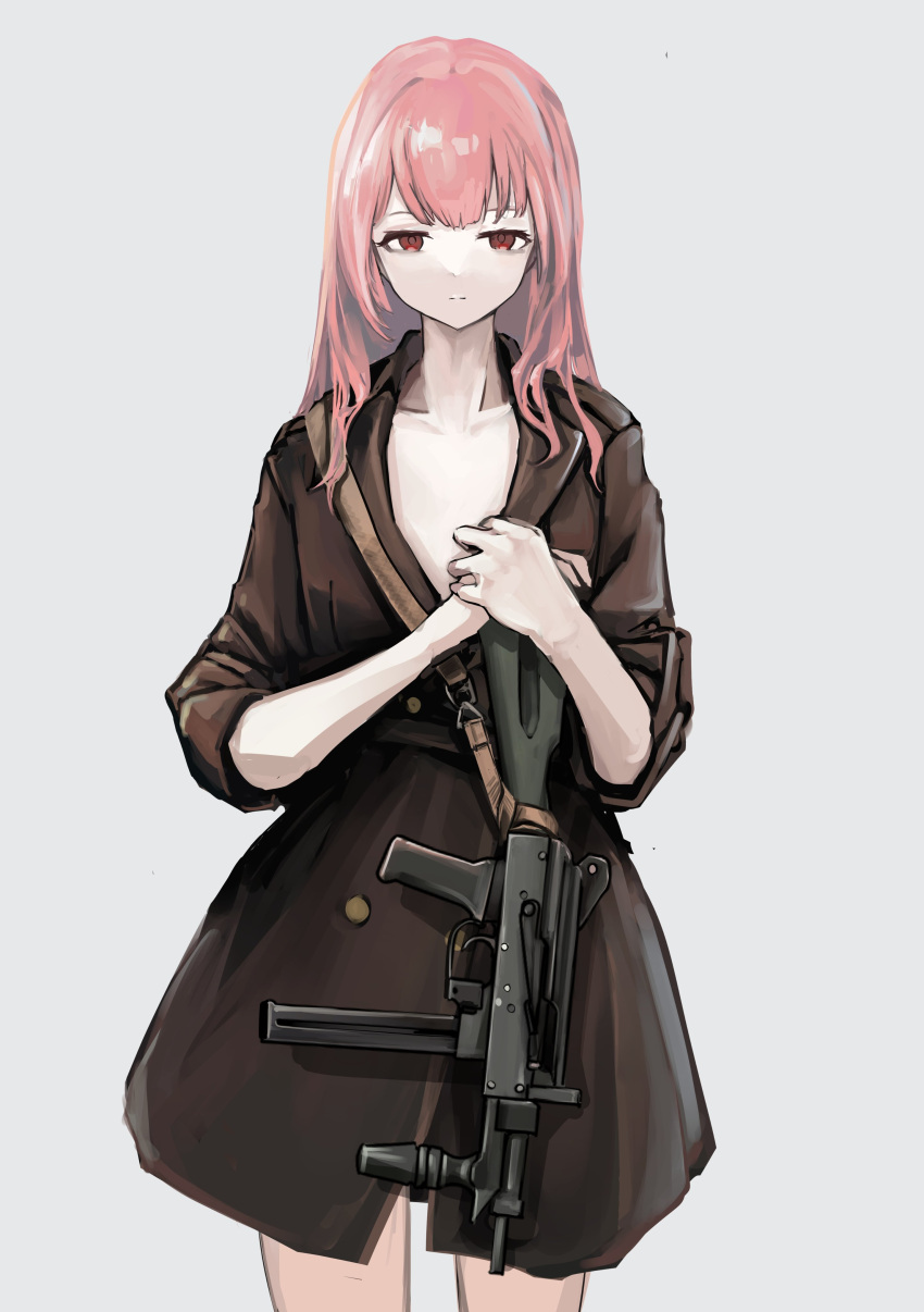 1girl absurdres bangs breasts brown_coat closed_mouth coat collarbone feet_out_of_frame gun hand_on_hand highres lithographica long_hair looking_at_viewer original pink_hair red_eyes sleeves_rolled_up small_breasts solo standing submachine_gun weapon weapon_request white_background