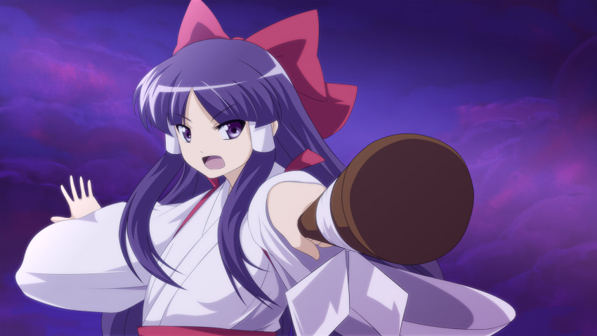 1girl bangs bow cloud cloudy_sky commentary_request hair_bow hair_tubes hakama hakama_pants hakurei_reimu hakurei_reimu_(pc-98) holding inoshira japanese_clothes kimono long_hair long_sleeves miko open_mouth pants purple_eyes purple_hair purple_sky red_bow red_hakama sidelocks sky solo story_of_eastern_wonderland textless_version touhou touhou_(pc-98) v-shaped_eyebrows very_long_hair white_kimono wide_sleeves