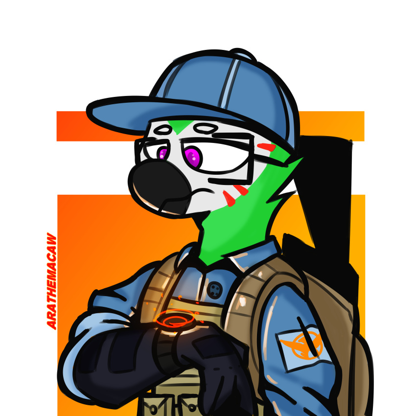 absurd_res anthro ara_(arathemacaw) arathemacaw avian beak bird blue_clothing bulletproof_vest clothing eyewear feathers glasses green_body green_feathers hat headgear headwear hi_res macaw male neotropical_parrot parrot purple_eyes solo the_division tom_clancy's_(series) true_parrot ubisoft