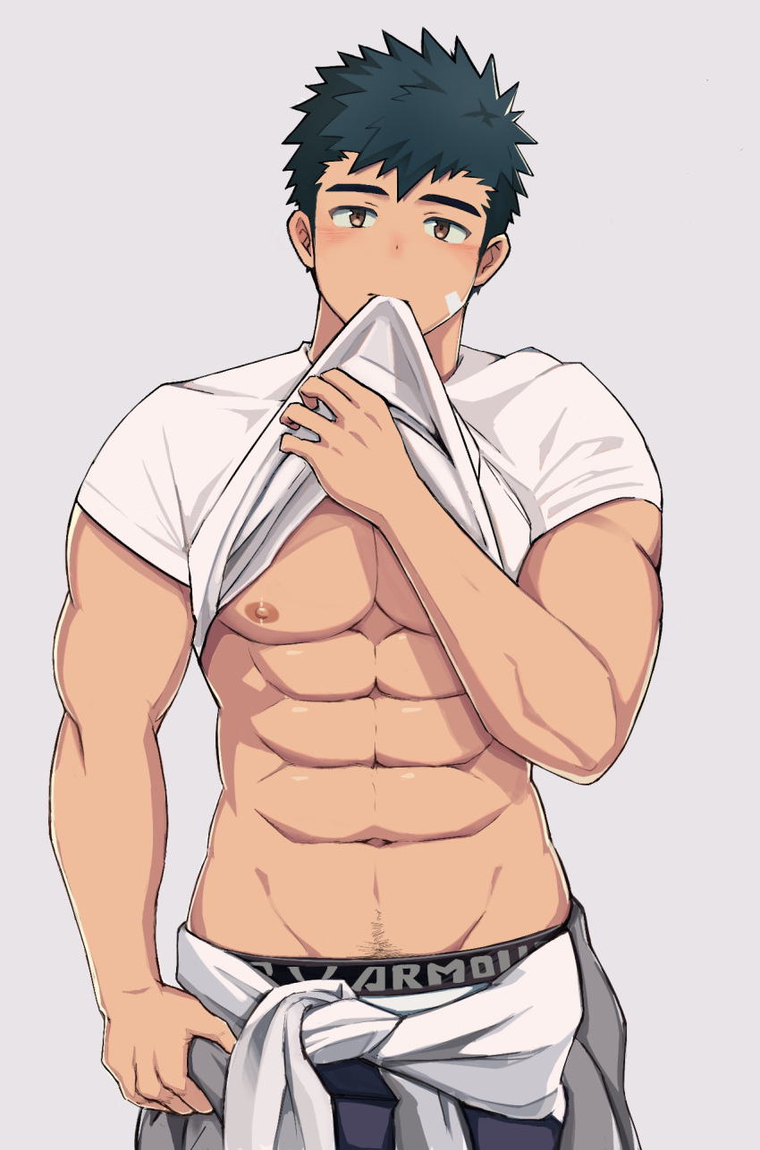 1boy abs bandaid bandaid_on_cheek bandaid_on_face bara black_hair blush bulge clothes_around_waist clothes_in_mouth clothes_pull highres jacket jacket_around_waist lifted_by_self looking_at_viewer male_focus male_underwear male_underwear_peek mouth_hold muscular muscular_male navel navel_hair nipples nnn_nishi original pants pants_pull pectorals see-through shirt shirt_in_mouth short_hair sideburns solo stomach sweat textless_version underpec underwear wet wet_clothes wet_shirt white_male_underwear white_shirt yellow_eyes
