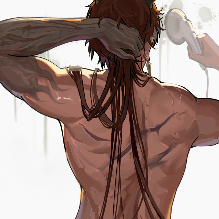 1boy arknights back black_skin brown_hair chong_yue_(arknights) colored_skin completely_nude dark-skinned_male dark_skin from_behind goro_wulu highres holding long_hair male_focus nude scar scar_on_back shower_head simple_background solo upper_body white_background