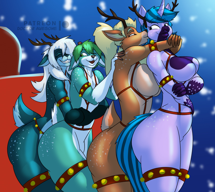 2022 alternate_species anthro antlers artist_name bell big_breasts big_butt blonde_hair blue_body blue_eyes blue_fur blue_hair bottom_heavy breasts brown_eyes bubble_butt butt capreoline christmas conga_line curvaceous curvy_figure deer detailed_background digital_drawing_(artwork) digital_media_(artwork) embrace equid equine fake_antlers featureless_breasts female female/female fiann_croiatlas fingers flarita fluffy fluffy_tail fur girly green_body green_eyes green_fur green_hair group hair harness hi_res holidays horn hug huge_butt hugging_from_behind jingle_bell kissing kissing_cheek long_tail male male/male mammal multicolored_body multicolored_fur nude one_eye_closed orange_body orange_fur patreon patreon_logo ponytail purple_body purple_fur reindeer servie_frostdeer short_hair short_tail sleigh snow snowing straps tail tan_body tan_fur teal_body thebigbadwolf01 thick_thighs time_winder two_tone_body two_tone_fur unicorn voluptuous watermark white_body white_fur white_hair wide_hips winter