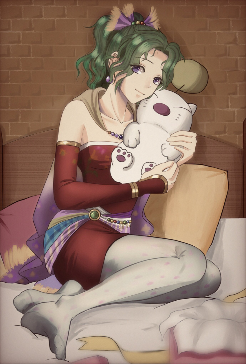 1girl bed cape earrings final_fantasy final_fantasy_vi gauntlets green_hair hair_ribbon highres hug jewelry looking_at_viewer moogle pillow purple_eyes ribbon smile soosupaan thighhighs tina_branford