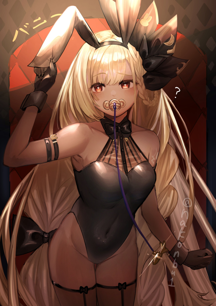 1girl ? absurdres alternate_costume animal_ears armband bangs bare_shoulders black_bow black_bowtie black_gloves black_leotard blonde_hair blush bow bowtie braid breasts covered_navel cowboy_shot dark-skinned_female dark_skin fake_animal_ears glint gloves granblue_fantasy groin hair_bow hair_ornament helel_ben_shalem highres leotard long_hair looking_at_viewer nakonbu pacifier rabbit_ears raised_eyebrow red_eyes small_breasts solo twitter_username very_long_hair