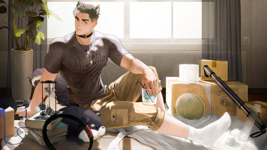 1boy animal_ears bara black_choker black_hair brown_pants cat_boy cat_ears cat_tail choker closed_mouth cup drinking_straw grey_shirt highres holding holding_cup jewelry large_pectorals male_focus multicolored_hair muscular muscular_male nanyu1998 necklace original pants pants_rolled_up pectorals shirt short_hair sitting solo stuffed_animal stuffed_toy tail two-tone_hair white_hair