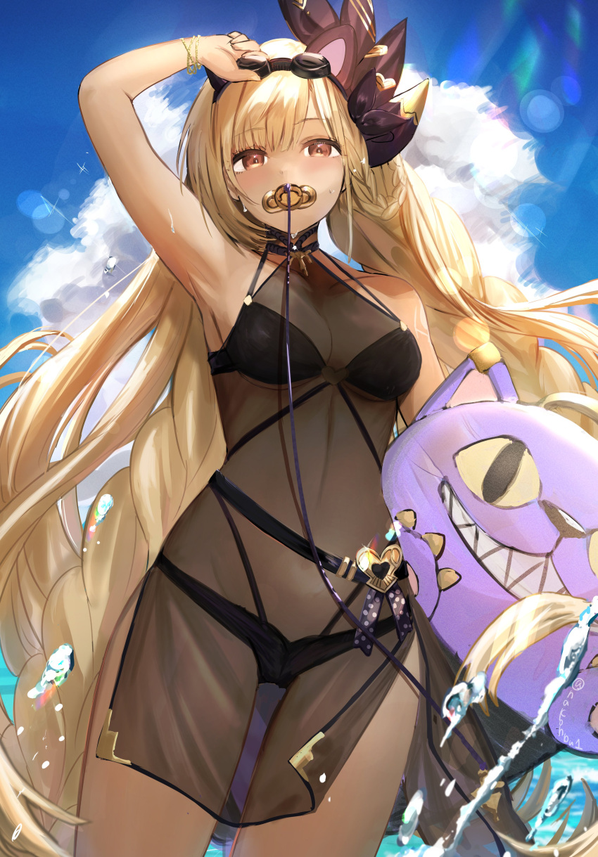 1girl absurdres arm_up bangs bare_shoulders bikini black_bikini blonde_hair blush bracelet braid breasts brown_eyes cleavage cowboy_shot dark-skinned_female dark_skin day goggles goggles_on_head granblue_fantasy hair_ornament helel_ben_shalem highres holding holding_stuffed_toy jewelry lens_flare long_hair looking_at_viewer nakonbu outdoors pacifier small_breasts solo stuffed_toy swimsuit very_long_hair water wet