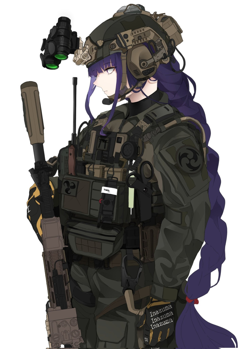 1girl assault_rifle braid braided_ponytail carabiner commentary contemporary genshin_impact gloves gun headset highres knife long_hair looking_ahead m4_carbine magazine_(weapon) military_operator mitsudomoe_(shape) night_vision_device pouch purple_eyes purple_hair pz-15 radio raiden_shogun rifle scissors simple_background symbol-only_commentary tomoe_(symbol) torii very_long_hair weapon weapon_request white_background