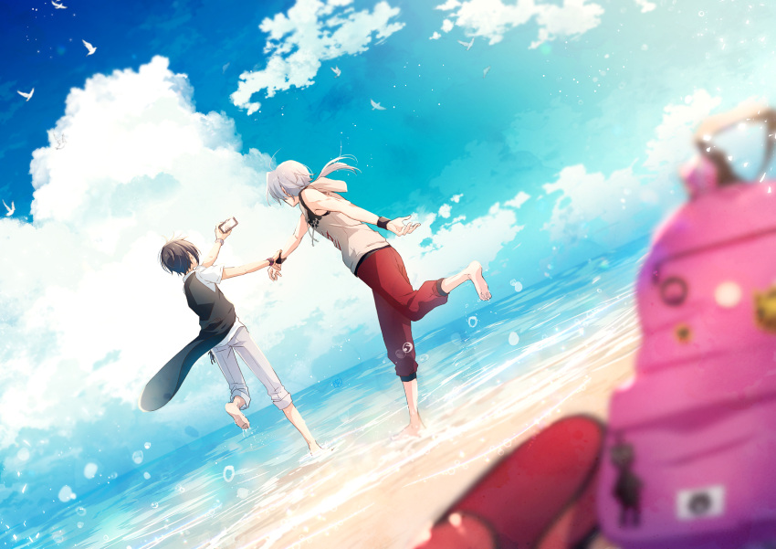 2boys backpack bag barefoot bird black_hair black_wristband blue_sky cellphone cloud from_behind grey_hair grey_pants highres idolmaster idolmaster_side-m iseya_shiki kame_(unaikodori) kizaki_ren male_focus multiple_boys ocean pants phone pink_bag ponytail red_bag red_pants running seagull short_sleeves sky sleeveless smartphone wristband