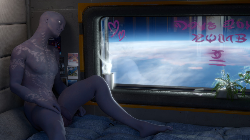 3d_(artwork) absurd_res alien alien_humanoid beverage blender_(software) blender_cycles casual_nudity dicidius digital_media_(artwork) flaccid foreskin genitals glowing glowing_eyes hairless hi_res humanoid looking_out_window male markings mass_effect penis photo plant quarian scarification solo solo_focus space writing_utensil