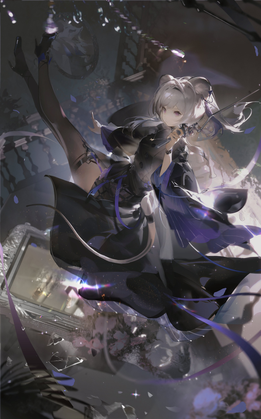1girl absurdres animal_ears arknights belt black_dress black_footwear brown_pantyhose closed_mouth dress falling_petals full_body grey_hair high_heels highres indoors jewelry lin_(arknights) long_hair long_sleeves looking_at_viewer mouse_ears mouse_girl mouse_tail necklace pantyhose petals picture_frame purple_eyes ruoganzhao shattered solo tail tail_through_clothes thigh_strap upside-down wide_sleeves