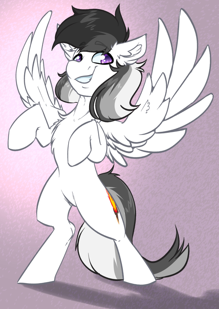 absurd_res ambiguous_gender campfire_glow_(oc) chest_tuft cutie_mark digital_media_(artwork) equid equine fan_character feathered_wings feathers feral fur grey_hair grey_tail grin hair hasbro hi_res inner_ear_fluff mammal multicolored_hair multicolored_tail my_little_pony pegasus purple_eyes smile spread_wings standing tail tuft white_body white_feathers white_fur white_tail wings witchtaunter