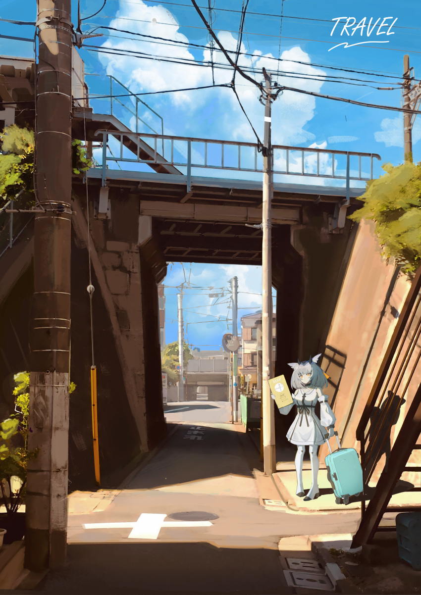 1girl absurdres alternate_costume animal_ears arknights bird_ears black_ribbon dress highres holding_flyer orange_eyes ptilopsis_(arknights) railing ribbon road rolling_suitcase sadman scenery solo standing street suitcase utility_pole white_hair wide_shot