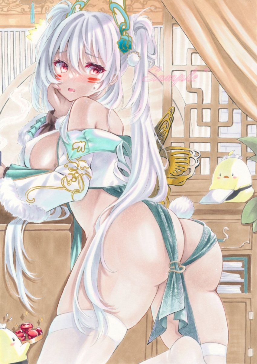1girl ^^^ alabama_(azur_lane) alabama_(untarnished_silver_silken_gold)_(azur_lane) animal_ears ass azur_lane bangs bird breasts china_dress chinese_clothes commentary_request dark-skinned_female dark_skin dress fake_animal_ears highres large_breasts long_hair looking_back manjuu_(azur_lane) marker_(medium) official_alternate_costume purplepencil rabbit_ears red_eyes surprised thighhighs thighs traditional_media twintails very_long_hair white_hair white_thighhighs