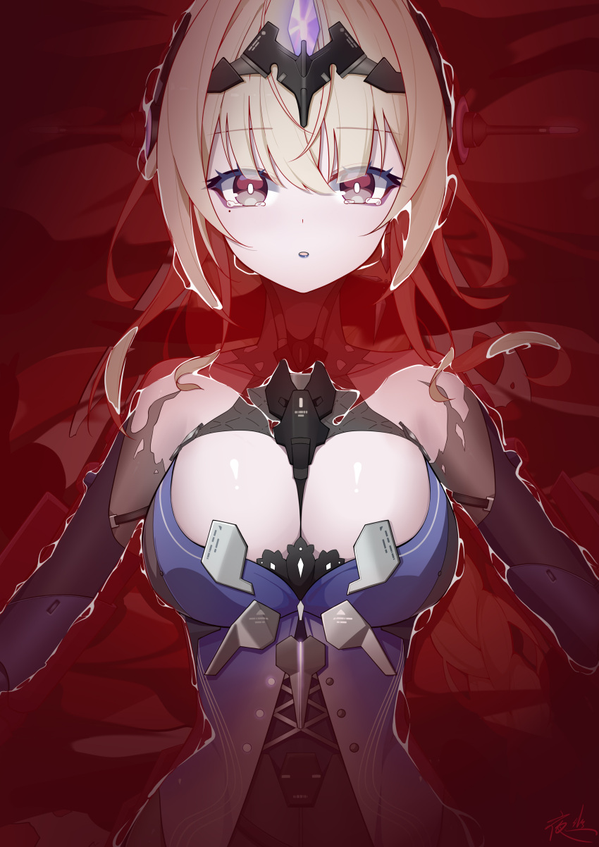 1girl absurdres bianca_(punishing:_gray_raven) blood blue_dress breasts cleavage commentary_request dress headgear highres large_breasts light_brown_hair long_hair mechanical_arms open_mouth partially_submerged punishing:_gray_raven red_eyes user_pwny8774