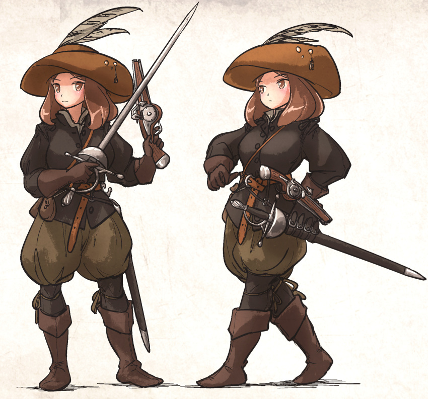 1girl antique_firearm belt boots brown_hair cavalier_hat feathers firelock flintlock gloves gun handgun hat highres holding holding_gun holding_weapon ironlily musketeer original pantaloons rapier standing sword weapon wheellock white_background