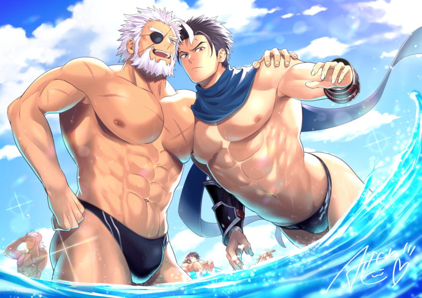 5boys abs aion_kiu bara beard black_male_swimwear blue_scarf bulge commission cross_scar eyepatch facial_hair feet_out_of_frame forked_eyebrows from_below hair_strand hand_on_another's_shoulder large_pectorals leaning_forward looking_at_viewer male_focus male_swimwear mature_male multiple_boys muscular muscular_male navel nipples old old_man original pectoral_docking pectoral_press pectorals scar scar_on_chest scarf short_hair sideburns skeb_commission smile sparkle stomach swim_briefs thick_eyebrows thick_thighs thighs topless_male water white_hair yaoi