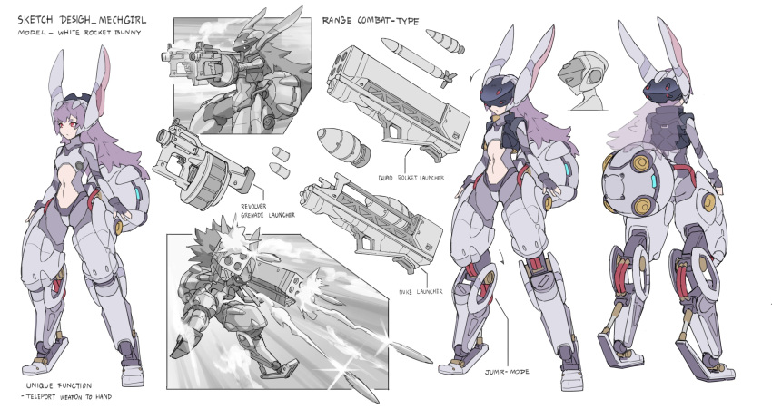 1girl absurdres animal_ears arms_at_sides breasts center_opening crop_top digitigrade english_commentary english_text fake_animal_ears fingerless_gloves flat_color from_behind full_body gloves grenade_launcher head-mounted_display helmet highres long_hair mecha_musume mechanical_ears mechanical_legs mechanical_tail missile multiple_views navel nuclear_weapon original purple_hair red_eyes reference_sheet rocket_launcher science_fiction small_breasts solo tail weapon white_background zen_(jirakun)