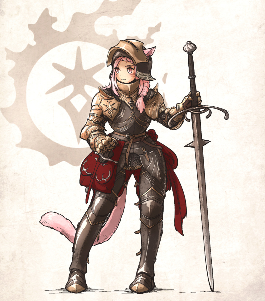 1girl animal_ears armor breastplate cat_ears cat_girl cat_tail facial_mark faulds flamberge full_armor gauntlets greaves helmet highres holding holding_sword holding_weapon ironlily knight long_hair metal_boots original pauldrons pink_hair shoulder_armor solo sword tail weapon