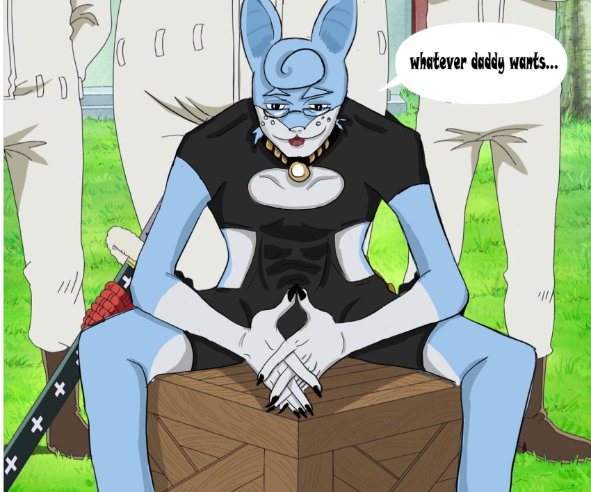 anthro bell bell_collar blue_body collar dialogue discodemon eyewear glasses group lagomorph leporid male mammal one_piece pico_(puppy_b) rabbit speech_bubble