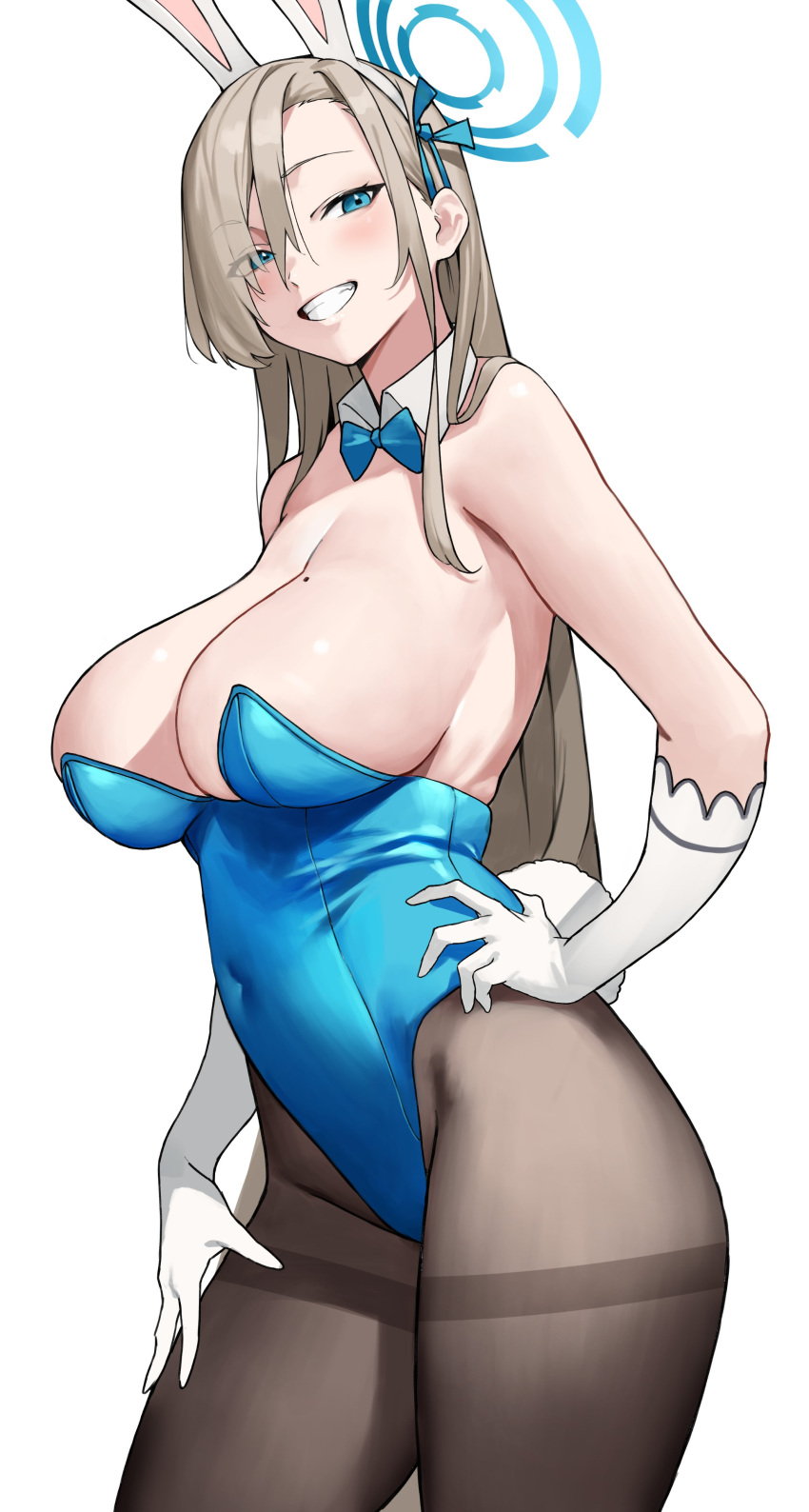 1girl absurdres animal_ears asuna_(blue_archive) asuna_(bunny)_(blue_archive) asymmetrical_bangs bangs bare_shoulders black_pantyhose blue_bow blue_bowtie blue_eyes blue_leotard blue_ribbon bow bowtie breasts covered_navel detached_collar elbow_gloves eyes_visible_through_hair fake_animal_ears fake_tail gloves grin hair_over_one_eye hair_ribbon halo hand_on_hip hand_on_own_thigh highleg highleg_leotard highres large_breasts leotard light_brown_hair long_bangs long_hair looking_at_viewer mole mole_on_breast official_alternate_costume pantyhose playboy_bunny rabbit_ears rabbit_tail ribbon smile solo strapless strapless_leotard tail thighband_pantyhose white_background white_gloves yoshio_(55level)