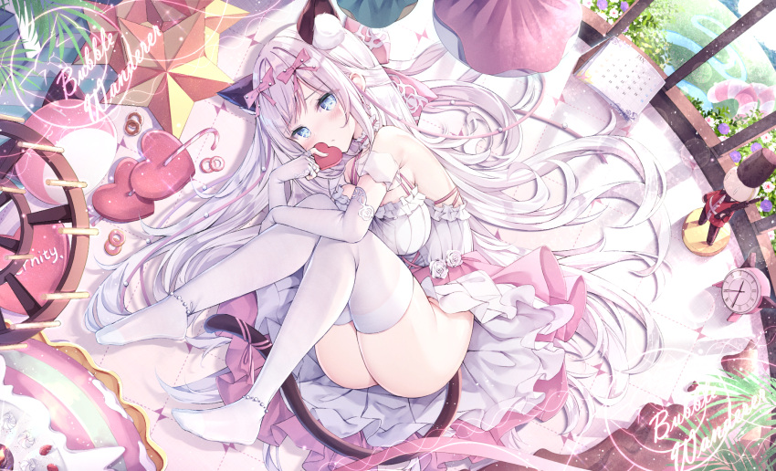 animal_ear_fluff animal_ears ass blue_eyes blush bow breasts cat_ears cat_girl cat_tail copyright_request dress elbow_gloves gloves hair_bow heart highres holding holding_heart large_breasts long_hair lying manman_manyou_haiyang_de_paomo no_panties no_shoes nutcracker off-shoulder_dress off_shoulder on_side pink_bow smile tail thighhighs thighs very_long_hair white_dress white_gloves white_hair white_thighhighs