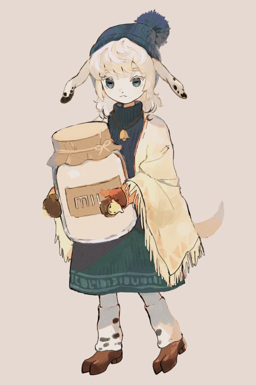 1girl animal_ears bangs beanie bell black_eyes blanket bottle brown_background closed_mouth dot_nose full_body furry furry_female goat_ears goat_girl goat_tail green_sweater hat highres holding holding_jar hooves jar milk_bottle mittens myu_(3u_gumi) neck_bell no_pupils original short_hair simple_background solo standing sweater tachi-e tail turtleneck turtleneck_sweater white_hair