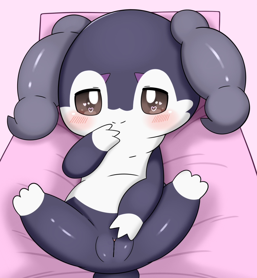 &lt;3 &lt;3_eyes absurd_res anthro azuo blush brown_eyes butt censor_bar censored female generation_8_pokemon genitals hi_res indeedee ineffective_censorship looking_at_viewer nintendo plump_labia pokemon pokemon_(species) purple_body pussy solo white_body