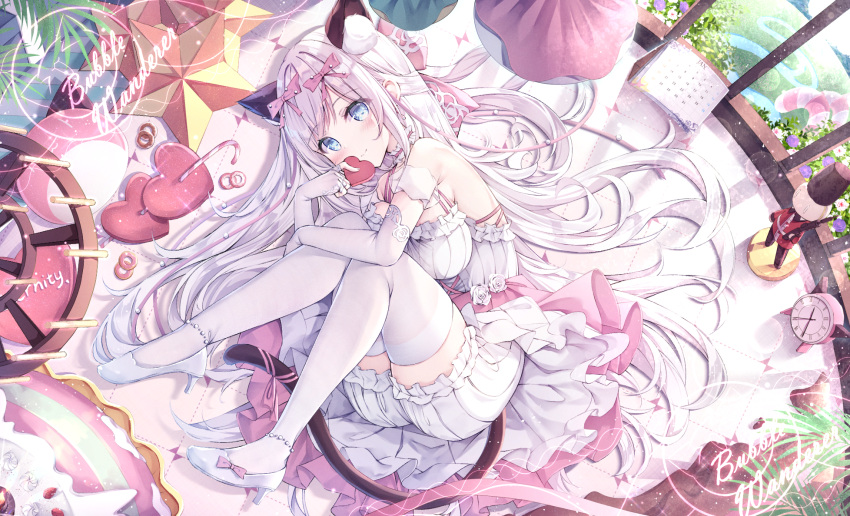 animal_ear_fluff animal_ears blue_eyes blush bow breasts cat_ears cat_girl cat_tail copyright_request dress elbow_gloves gloves hair_bow heart high_heels highres holding holding_heart large_breasts long_hair lying manman_manyou_haiyang_de_paomo nutcracker off-shoulder_dress off_shoulder on_side pink_bow shorts smile tail thighhighs thighs very_long_hair white_dress white_footwear white_gloves white_hair white_shorts white_thighhighs
