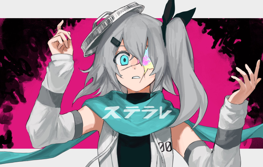 1girl a.i._voice adachi_rei alternate_costume alternate_eye_color alternate_hair_color aqua_eyes aqua_scarf arms_up black_background black_ribbon black_shirt border cracked_skin detached_sleeves frown grey_hair hair_between_eyes hair_ornament hair_ribbon hairclip highres iridescent jacket letterboxed looking_at_viewer medium_hair one_eye_covered outside_border parted_lips pineapple6huza pink_background ribbon sanpaku shirt side_ponytail sleeveless sleeveless_jacket sleeveless_shirt solo song_name splatter_background trashcan_lid turtleneck utau white_border white_jacket white_sleeves