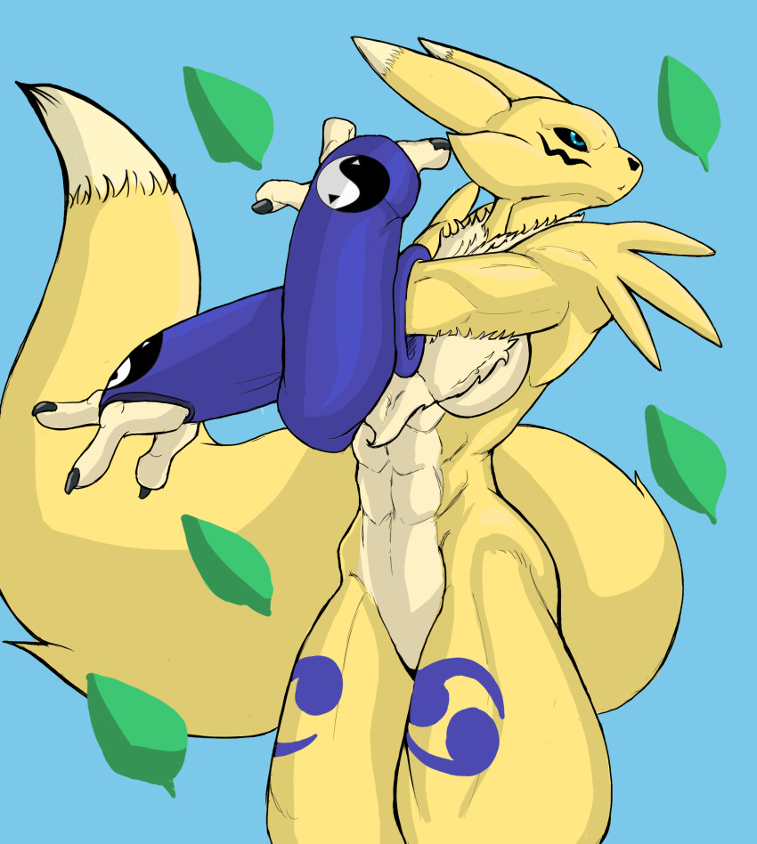 3_fingers abs anthro armwear bandai_namco biceps big_tail black_claws black_nose blue_background blue_eyes bridal_gauntlets butt cancer_(symbol) canid canine chest_tuft claws clothed clothed/nude clothing countershade_torso countershading digimon digimon_(species) digital_drawing_(artwork) digital_media_(artwork) f_draws facial_markings female fingers fluffy frown fur fur_markings head_markings hi_res leaf long_ears mammal markings mostly_nude muscular muscular_female nude purple_clothing renamon shaded shadow shoulder_tuft simple_background solo stretching tail taller_female tan_body tan_fur thick_thighs tuft white_body white_fur yellow_body yellow_fur yin_yang