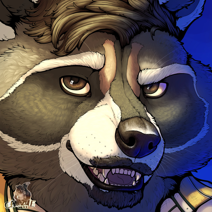 absurd_res anthro beard brown_eyes camazule close-up clothing collared_shirt detailed detailed_fur eyebrows facial_hair hair hi_res line_art lips mammal mustache open_mouth portrait procyonid raccoon raised_eyebrow scruffy smile smirk solo teeth thick_bottom_lip thick_eyebrows whiskers