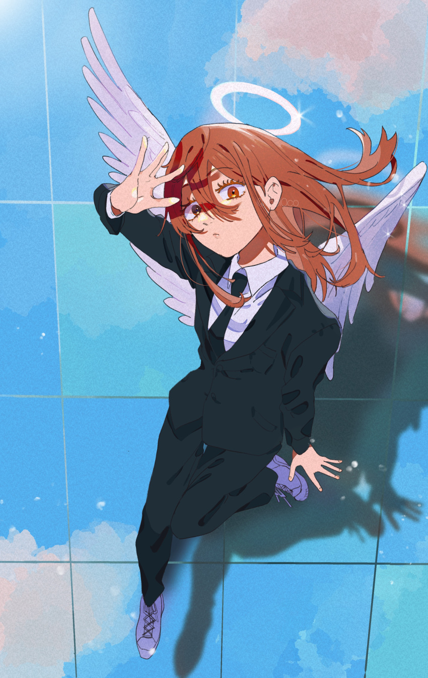 1boy absurdres androgynous angel_devil_(chainsaw_man) angel_wings bangs black_necktie black_suit blue_sky chainsaw_man collared_shirt formal hair_between_eyes halo heterochromia highres long_hair male_focus momokan_(meloco) necktie red_hair shirt shoes sky sneakers solo suit suit_jacket white_footwear white_shirt white_wings wings