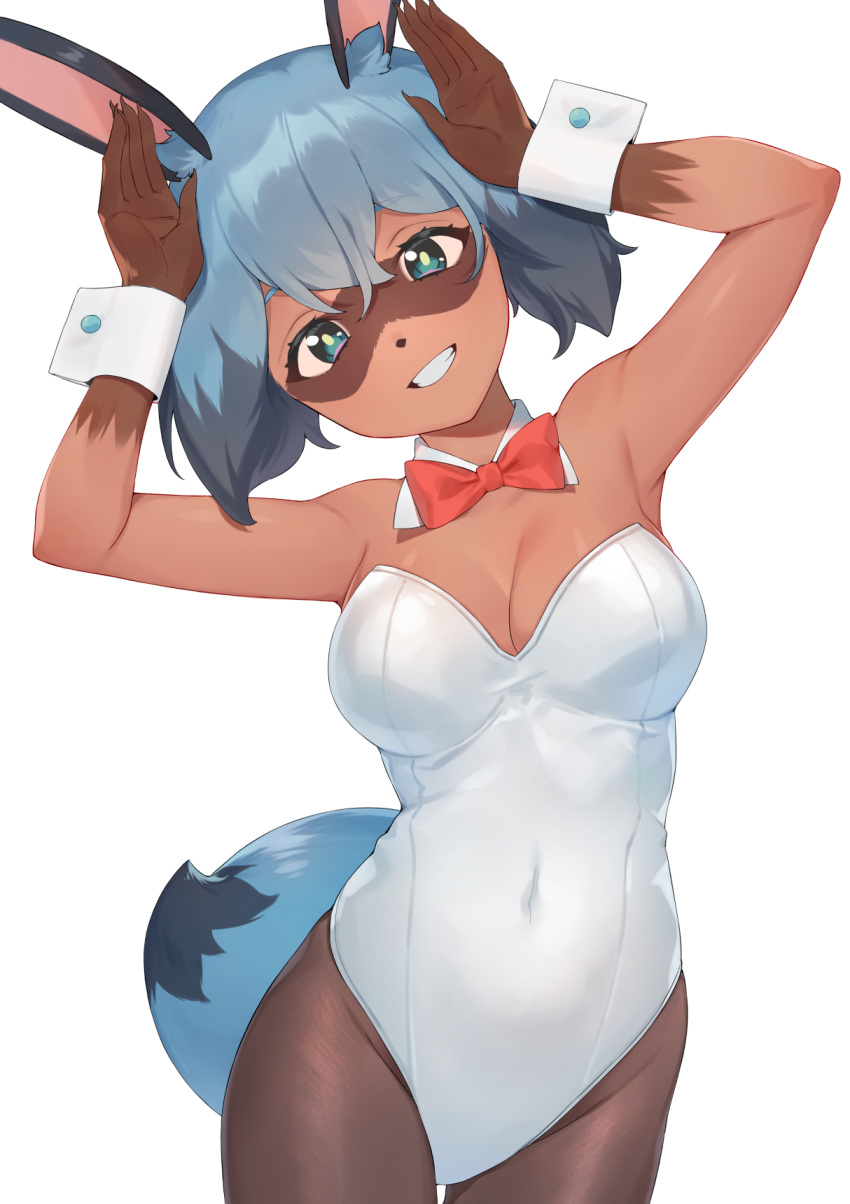 1girl alternate_species animal_ear_fluff animal_ears animal_nose armpits arms_up bangs bare_shoulders black_pantyhose blue_eyes blue_hair body_fur bow bowtie brand_new_animal breasts brown_fur bunny_pose cleavage commentary covered_navel cowboy_shot detached_collar furry furry_female green_pupils grin groin hair_between_eyes happy highres imori_(lizzy) kagemori_michiru leotard looking_at_viewer medium_breasts multicolored_hair pantyhose playboy_bunny rabbit_ears rabbit_girl rabbit_tail red_bow red_bowtie short_hair simple_background smile solo standing straight-on strapless strapless_leotard symbol-only_commentary tail teeth traditional_bowtie two-tone_fur two-tone_hair white_background white_leotard wrist_cuffs