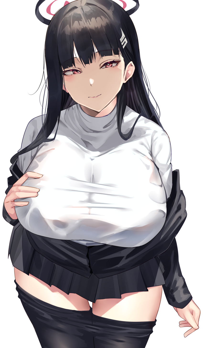 1girl absurdres bangs black_hair black_skirt blue_archive breasts closed_mouth hair_ornament halo highres large_breasts long_hair long_sleeves looking_at_viewer miniskirt namazu_(yamasonson) pink_eyes pleated_skirt rio_(blue_archive) shirt simple_background skirt smile solo thighs white_background white_shirt