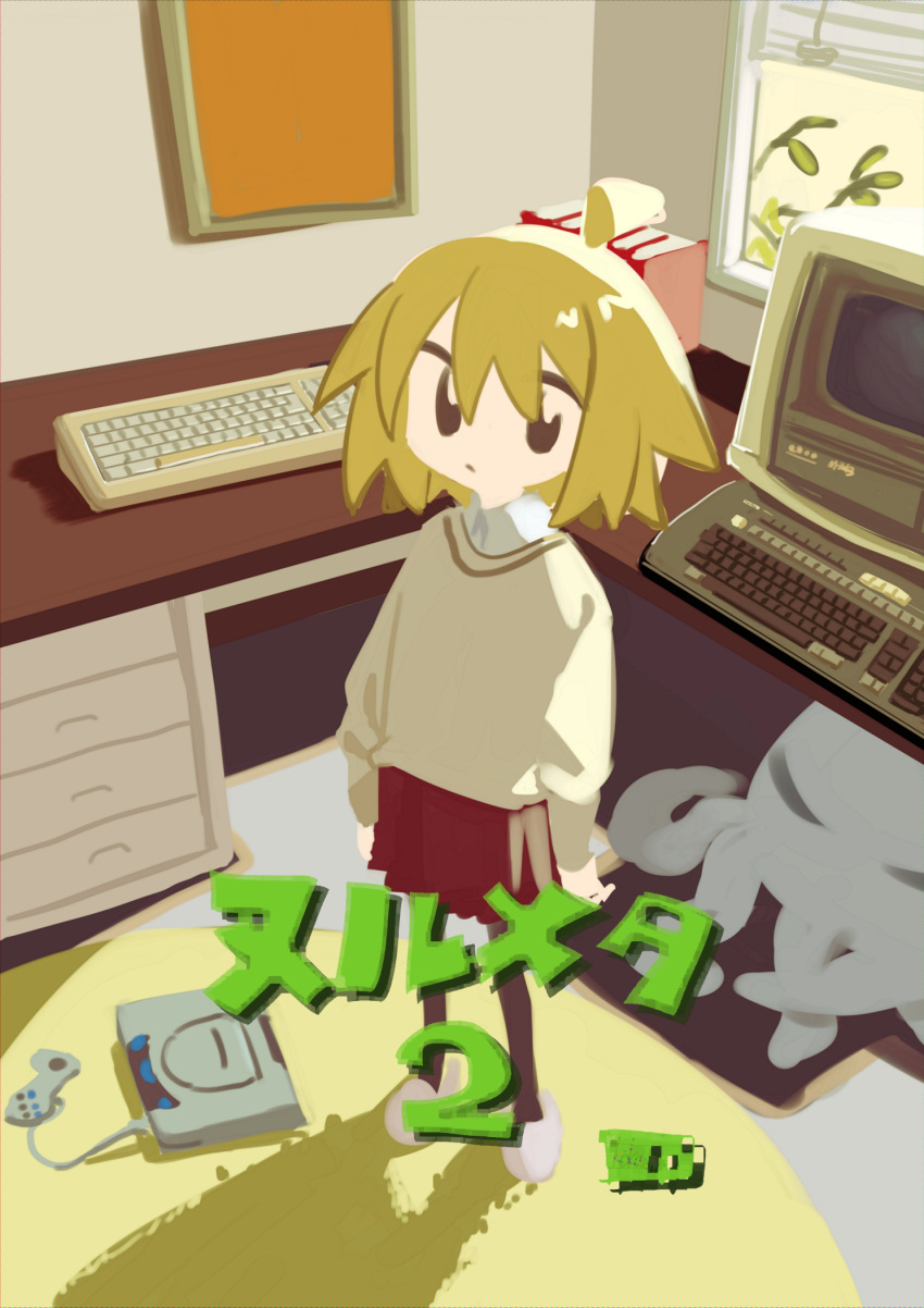 1girl 1other ahoge arms_at_sides bangs black_pantyhose blonde_hair book brown_eyes brown_sweater closed_mouth collared_shirt computer copyright_name creature crt desk expressionless full_body game_console highres indoors keyboard_(computer) kokaki_mumose leaf long_sleeves looking_at_viewer no_sclera null-meta pantyhose picture_frame pleated_skirt red_skirt shadow shirt short_hair sidelighting skirt slippers solo_focus standing sunlight sweater uozumi_kurumi white_shirt window