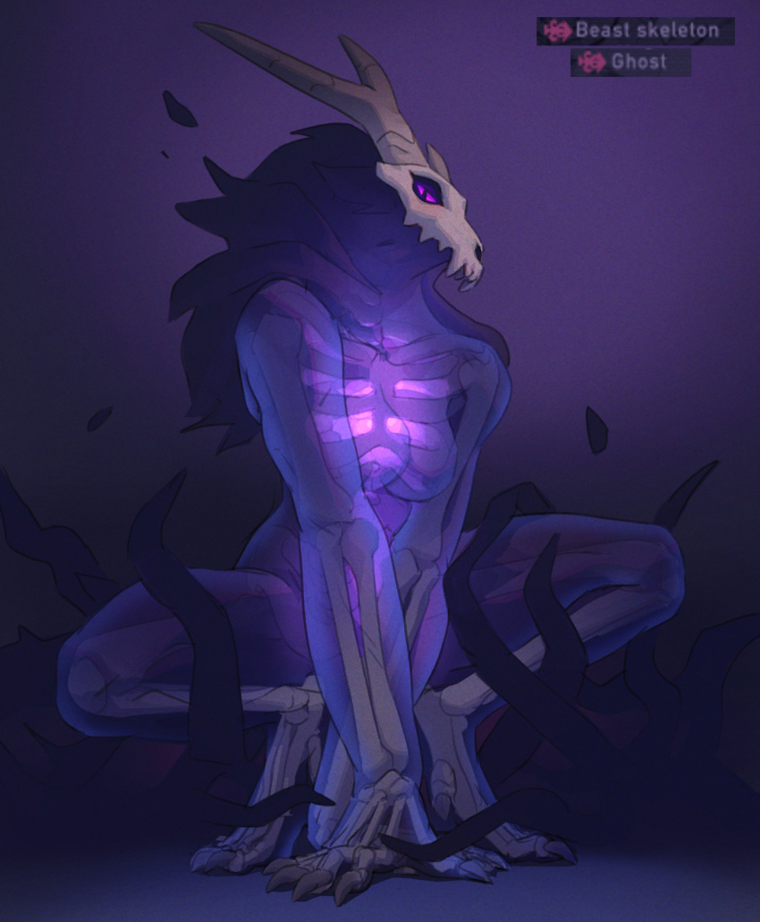 anthro bone breasts crouching digitigrade female ghost glowing_chest hi_res horn mammal mask nude pupils purple_body purple_sclera saintmonstre skeleton skull_mask slit_pupils solo spirit translucent translucent_body unknown_species