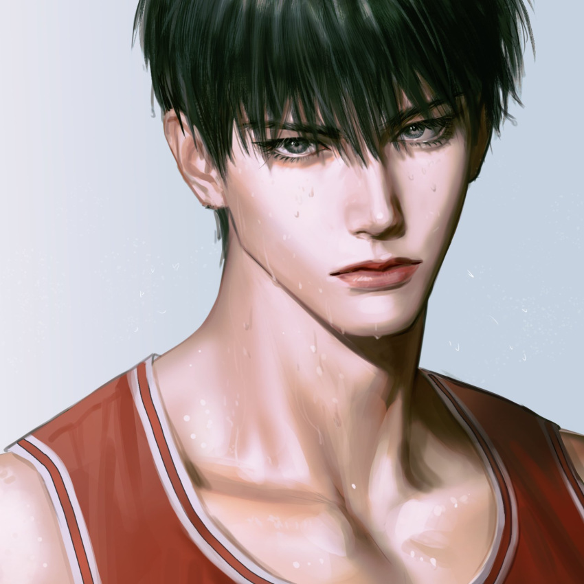 1boy bangs basketball_jersey basketball_uniform black_eyes black_hair closed_mouth cooking_eggs grey_background hair_between_eyes highres lips looking_at_viewer male_focus realistic rukawa_kaede short_hair slam_dunk_(series) solo sportswear sweat