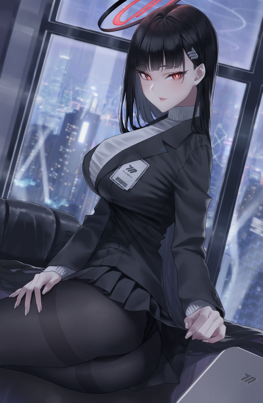 1girl absurdres ass banana_oekaki black_hair black_panties black_pantyhose black_suit blue_archive breasts cityscape clothes_lift formal hair_ornament hairclip halo highres id_card lace-trimmed_panties lace_trim large_breasts lifted_by_self long_hair looking_at_viewer miniskirt panties panties_under_pantyhose pantyhose pleated_skirt red_eyes revision rio_(blue_archive) seiza sitting skirt skirt_lift solo suit sweater tablet_pc turtleneck turtleneck_sweater underwear