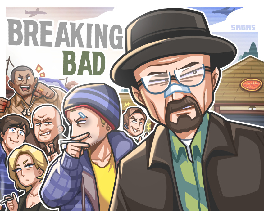 1girl 6+boys artist_name bald beanie beard black_headwear blonde_hair blue_jacket breaking_bad brown_hair brown_shirt building character_request cigarette collared_shirt copyright_name facial_hair glasses green_shirt hat highres jacket jewelry medium_hair multiple_boys necklace open_mouth outline parted_lips profile ring sagas293 shadow shirt short_hair smile upper_body walter_white white_outline yellow_shirt