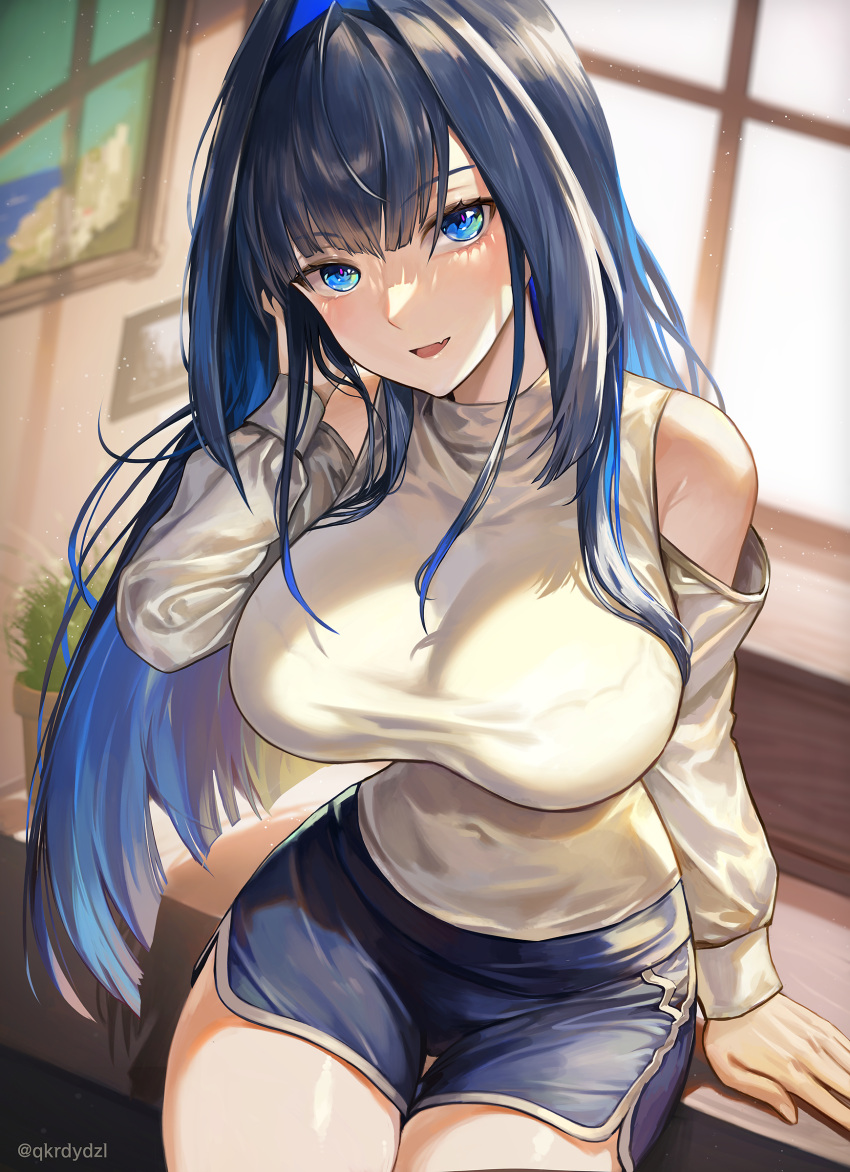 1girl absurdres bangs bare_shoulders blue_eyes blue_hair blush breasts clothing_cutout fang hair_intakes highres hololive hololive_english large_breasts long_hair long_sleeves looking_at_viewer multicolored_hair ouro_kronii santafe99 sidelocks skin_fang solo sweater thigh_gap thighs turtleneck turtleneck_sweater twitter_username virtual_youtuber