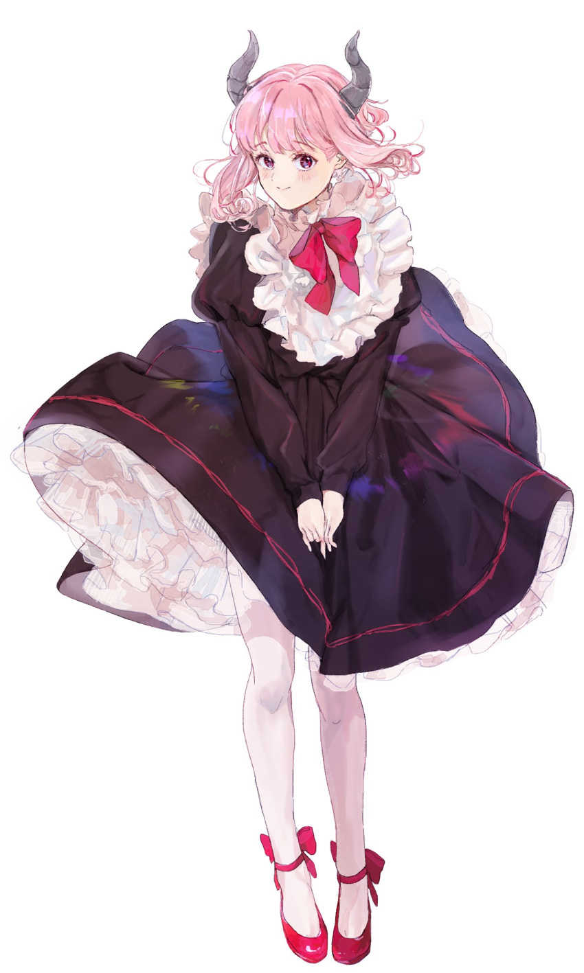 1girl bangs black_dress blush bow bowtie closed_mouth collared_dress commentary curled_horns dress dress_tug floating_clothes floating_hair frills full_body highres horns jamu_(yakinikuoi4) juliet_sleeves long_sleeves looking_at_viewer original pantyhose petticoat pink_hair puffy_sleeves purple_eyes red_bow red_bowtie red_footwear shoes short_hair sidelocks simple_background smile solo standing symbol-only_commentary v_arms white_background white_pantyhose