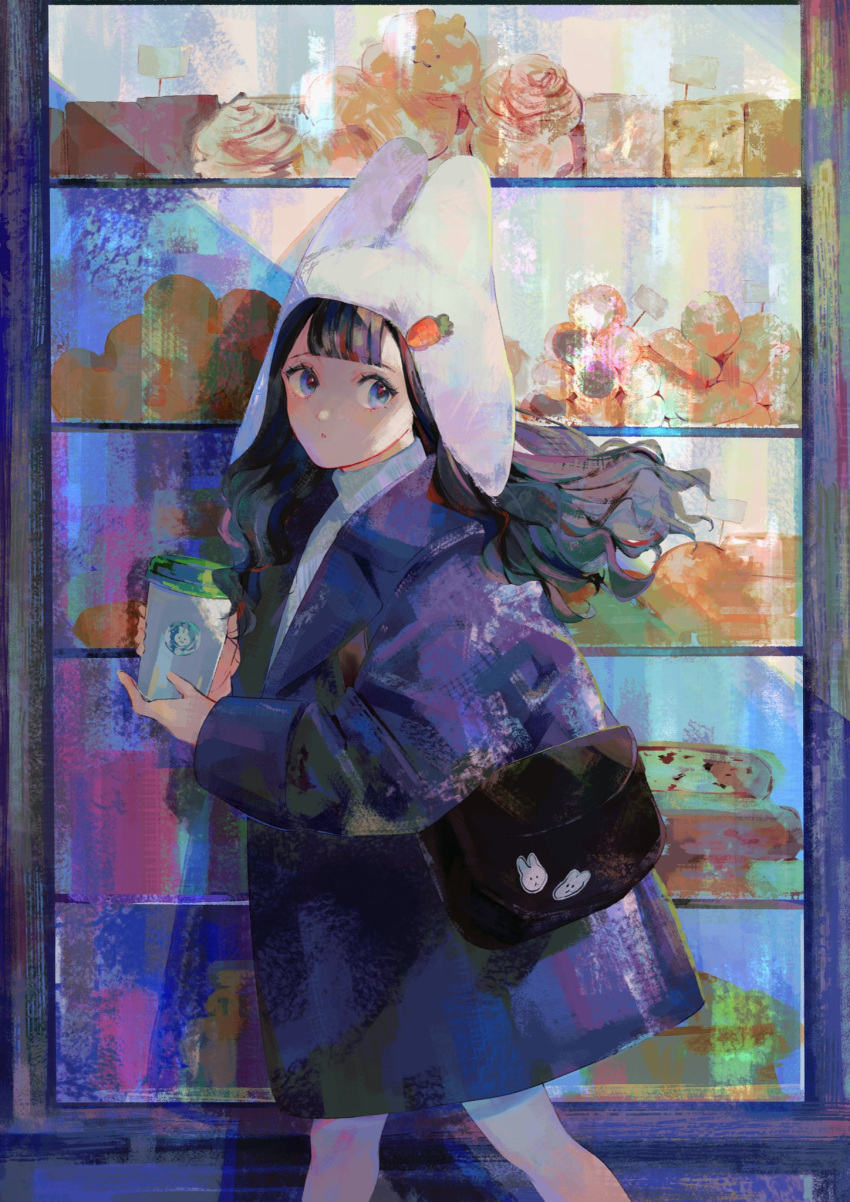 1girl :o animal_ears bag bangs black_hair blue_coat blue_eyes blunt_bangs bread carrot carrot_hat_ornament coat commentary cup day feet_out_of_frame floating_hair food from_side hat hat_ornament hat_with_ears highres holding holding_cup jamu_(yakinikuoi4) long_sleeves looking_at_viewer looking_to_the_side original outdoors rabbit_ears rabbit_girl shelf shoulder_bag solo sticker storefront sunlight sweater symbol-only_commentary turtleneck turtleneck_sweater walking wavy_hair white_headwear white_sweater winter_clothes