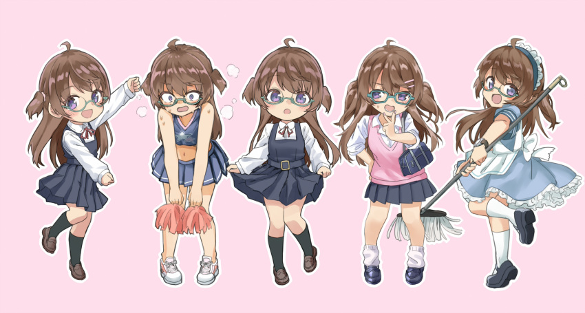 1girl :d ahoge alternate_costume amemiya_sekira apron bag bare_arms bare_shoulders black_dress black_socks blue_dress blue_shirt blue_skirt blush brown_footwear brown_hair cheerleader chibi collared_shirt commentary_request crop_top dress dress_shirt enmaided frilled_dress frills glasses green-framed_eyewear hair_ornament hairclip highres holding kneehighs loafers long_hair loose_socks maid maid_headdress midriff mop multiple_views navel neck_ribbon original outline pinafore_dress pink_background pleated_dress pleated_skirt pom_pom_(cheerleading) purple_eyes red_ribbon ribbon school_bag school_uniform sekira_ame semi-rimless_eyewear shirt shoes simple_background skirt sleeveless sleeveless_dress sleeveless_shirt sleeves_past_wrists smile socks standing sweater_vest two_side_up under-rim_eyewear very_long_hair wavy_mouth white_apron white_footwear white_outline white_shirt white_socks