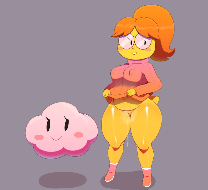 absurd_res blush bodily_fluids bottomless breasts clothed clothing cloud duo eyewear female female/female footwear genital_fluids genitals glasses hair hi_res koopa lakilulu lakitu mario_(series) mario_bros navel nintendo nipples_visible_through_clothing orange_hair paper_mario pussy pussy_juice scalie smile socks somescrub sweater teeth topwear yellow_body yellow_skin