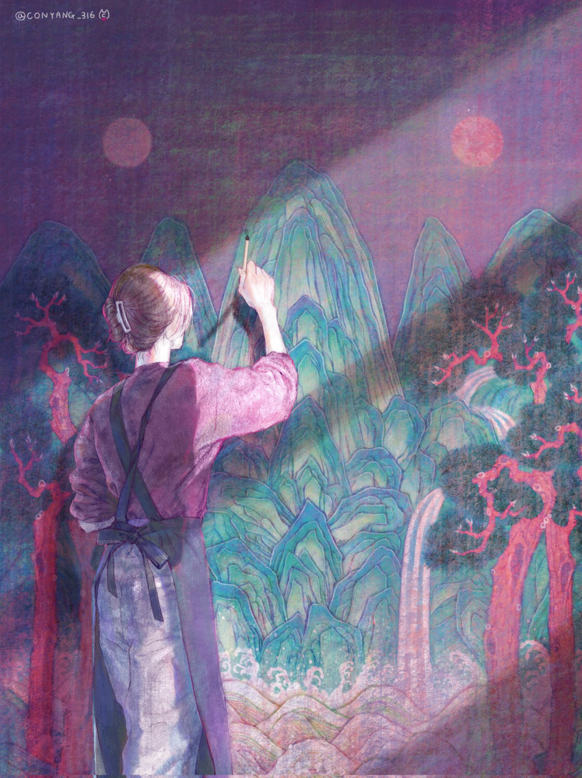 1girl apron black_apron blue_pants brown_hair conyang_316 facing_away feet_out_of_frame from_behind full_moon hand_up highres holding holding_paintbrush long_sleeves moon mountain original paintbrush painting_(action) painting_(object) pants red_shirt shirt solo standing sun updo wall water waterfall