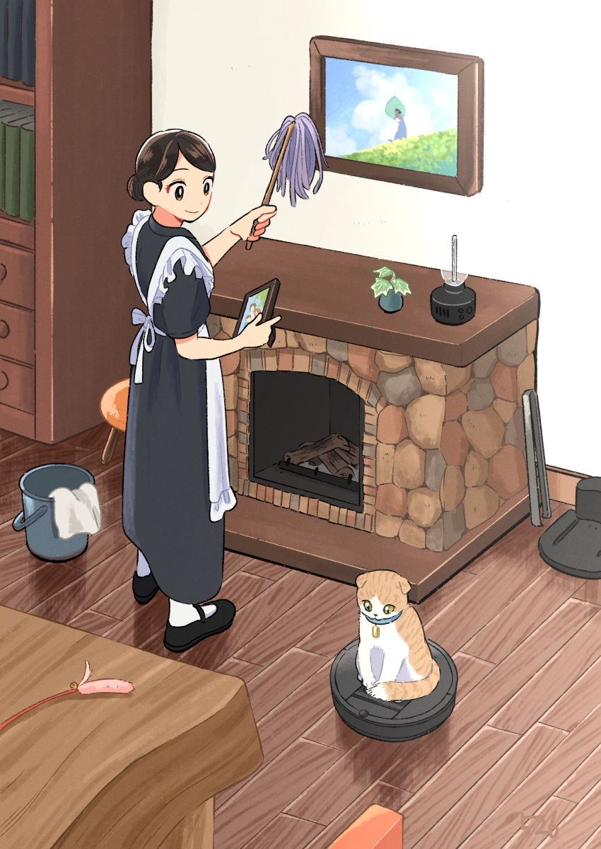 1girl absurdres apron bangs black_dress black_footwear bookshelf brown_hair bucket cat cat_teaser chest_of_drawers cleaning commentary_request dress duster fireplace frilled_apron frills full_body hair_bun hand_up highres holding holding_photo indoors kojiro337 log looking_at_animal looking_away looking_to_the_side maid maid_apron mary_janes original pantyhose photo_(object) picture_frame rag riding roomba running_bond shoes short_sleeves single_hair_bun sitting sitting_on_object standing swept_bangs table tongs updo vacuum_cleaner vase white_apron white_pantyhose wooden_table