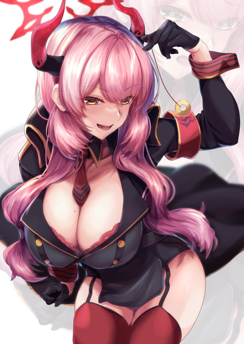 1girl absurdres bangs black_gloves black_jacket blue_archive blush bra bra_peek breasts cleavage coin eyeliner gloves half_gloves halo highres holed_coin horns huge_breasts hypnosis jacket lace-trimmed_bra lace_trim long_hair makeup mind_control mole mole_on_breast necktie open_mouth parted_bangs partially_unbuttoned pendulum red_eyes red_thighhighs saboten_teishoku satsuki_(blue_archive) smile solo thighhighs underwear yellow_eyes